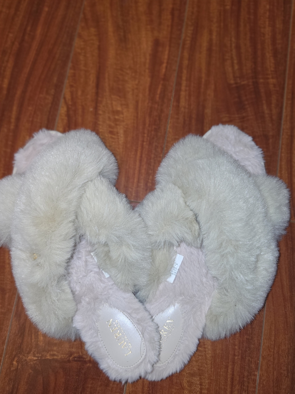 Ralph Lauren Plush Cross-Band Faux-Fur Sandals in Light Taupe